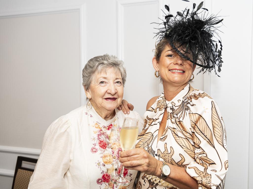 Gerri Skehan (left) and Carmen Darwin at Hope Horizons Melbourne Cup charity lunch hosted by Rotary Club of Toowoomba City at Burke and Wills Hotel, Tuesday, November 5, 2024. Picture: Kevin Farmer