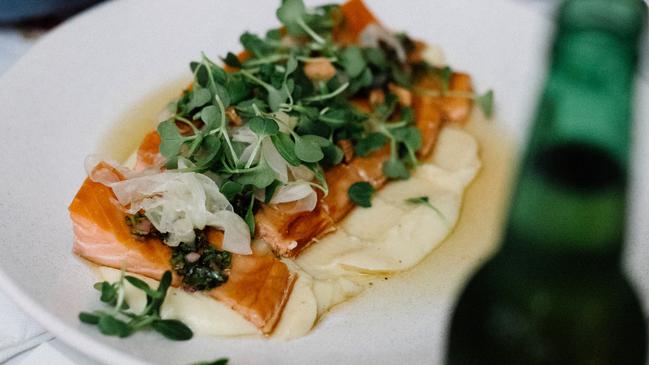 41 Degrees hot smoked salmon with cauliflower puree, toasted almonds, salsa verde and pickled fennel, by Hubert and Dan, at the launch of James Boag's new beer Wild Rivers at Tamar Hotel in Launceston. MUST CREDIT: ADAM GIBSON