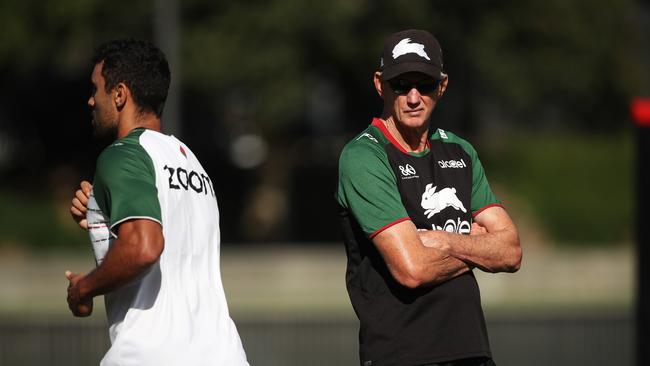 Souths coach Wayne Bennett went to comfort Burns after the young star’s uncomfortable encounter at training with his mother. Picture. Phil Hillyard