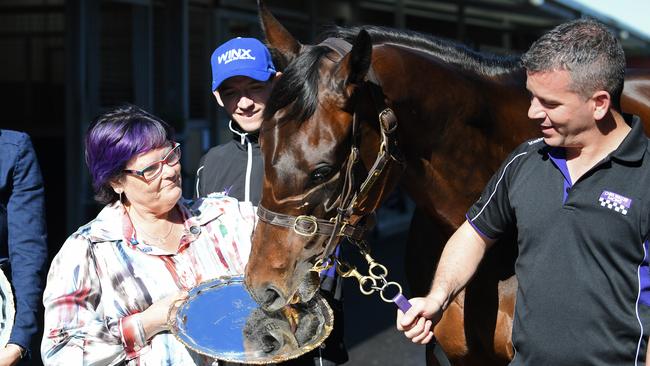 Debbie Kepitis with Winx after her 2017 Cox Plate success. Pic: AAP