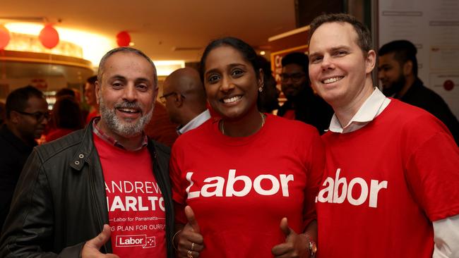 Kassem Chalabi, Durga Owen and Michael Owen at The Collector Hotel, where Labor held its celebrations. Picture: Damian Shaw