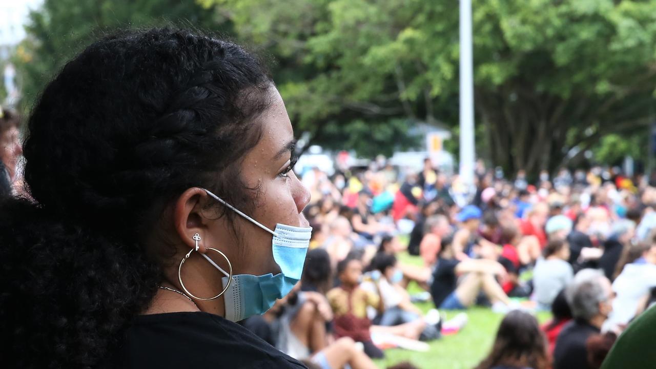 Jasmine Hyde is among the thousands in Fogarty Park to protest black deaths in custody. Picture: PETER CARRUTHERS