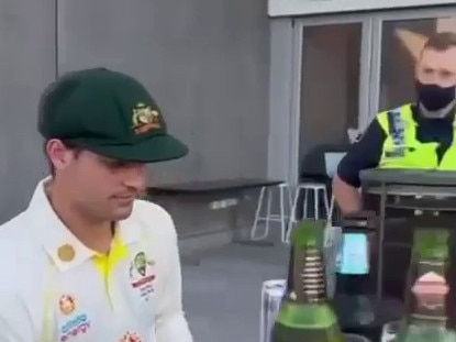 Video Grabs: Australia stars Nathan Lyon, man of the series Travis Head and Alex Carey along with England captain Joe Root were kicked out of , a Hobart establishment by police., Picture: Supplied