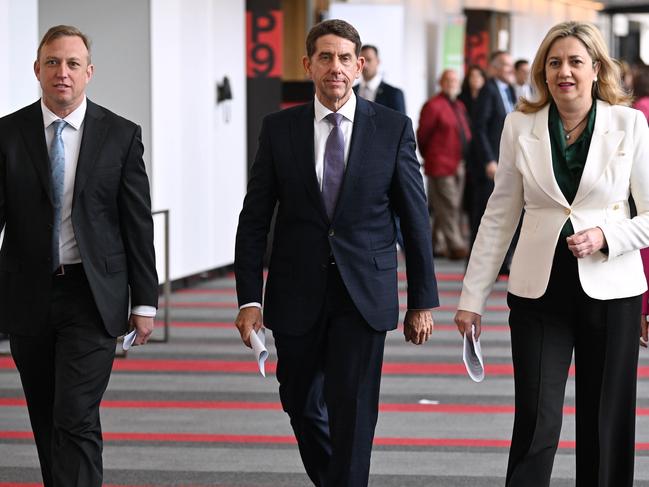 Premier Annastacia Palaszczuk with two potential future Labor leaders, Deputy Premier Steven Miles (left) and Treasurer Cameron Dick