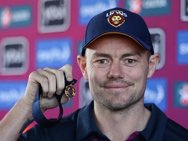 IPSWICH, AUSTRALIA - SEPTEMBER 26: Lachie Neale poses with the Brownlow Medal during a Brisbane Lions AFL training session at Brighton Homes Arena on September 26, 2023 in Ipswich, Australia. (Photo by Albert Perez/Getty Images)