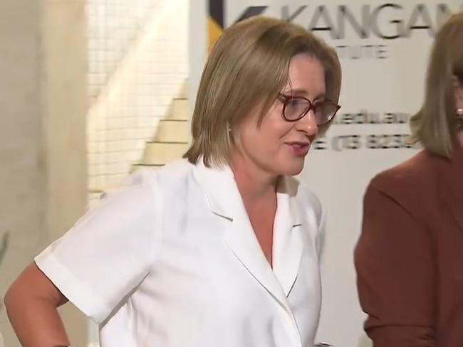 Jacinta Allan has walked out out of a press conference after facing a barrage of questons on the SRL. Picture: 7News