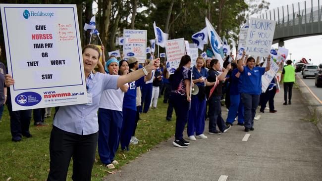 Nurses and midwives at Northern Beaches Hospital call for community support at the stop work rally. Picture: Supplied