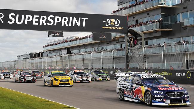 Jamie Whincup leads the way in his Red Bull Holden Racing Team Holden Commodore ZB at the start of last year’s inaugural Supercars SuperSprint at The Bend Motorsport Park. Picture: Daniel Kalisz/Getty Images