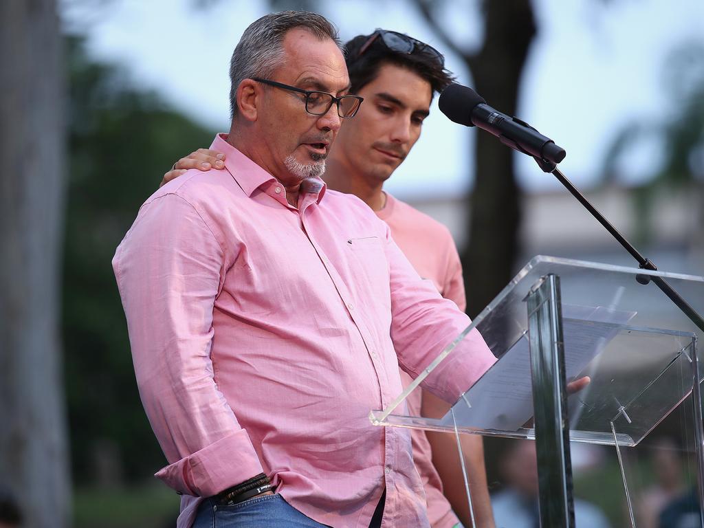 Lloyd and Nathaniel Clarke, father and brother to Hannah Clarke, speak at a vigil to remember her and her three children. Picture: Getty Images