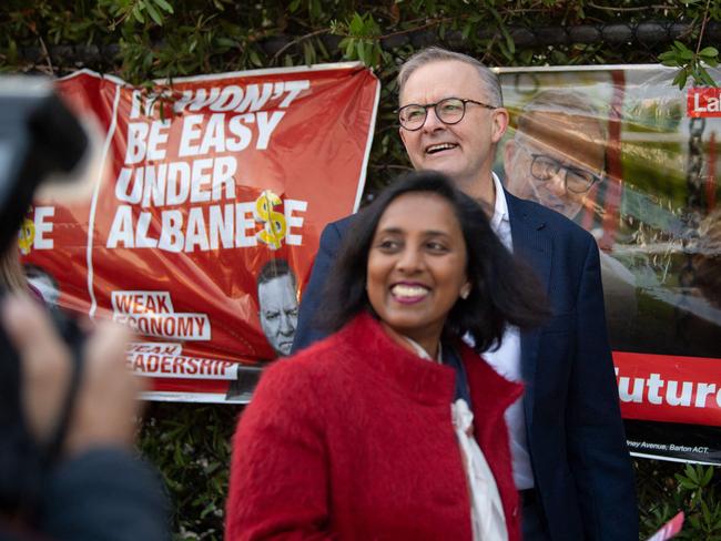 Mr Albanese and Labor Higgins MP Michelle Ananda-Rajah. Picture: Wendell Teodoro / AFP