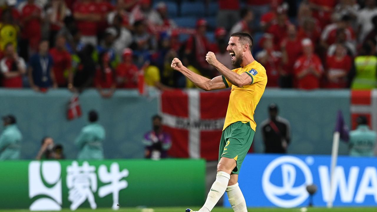 AL WAKRAH, QATAR - NOVEMBER 30: Milos Degenek of Australia celebrates his side's 1-0 victory in the FIFA World Cup Qatar 2022 Group D match between Australia and Denmark at Al Janoub Stadium on November 30, 2022 in Al Wakrah, Qatar. (Photo by Claudio Villa/Getty Images)