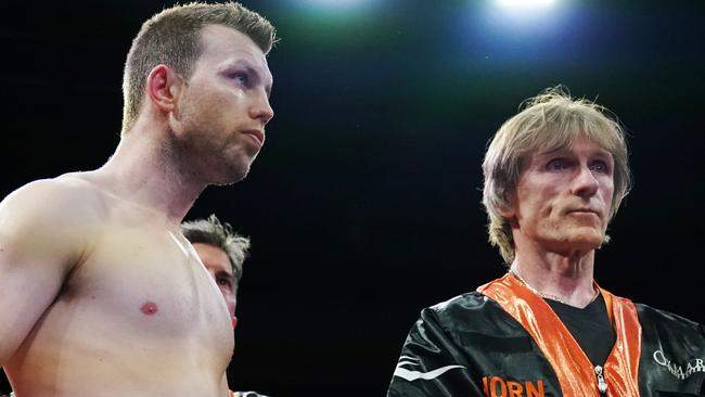 Jeff Horn with trainer/manager Glenn Rushton prior to Saturday night’s fight. Rushton has copped criticism for not throwing in the towel earlier. Picture: Michael Dodge/AAP