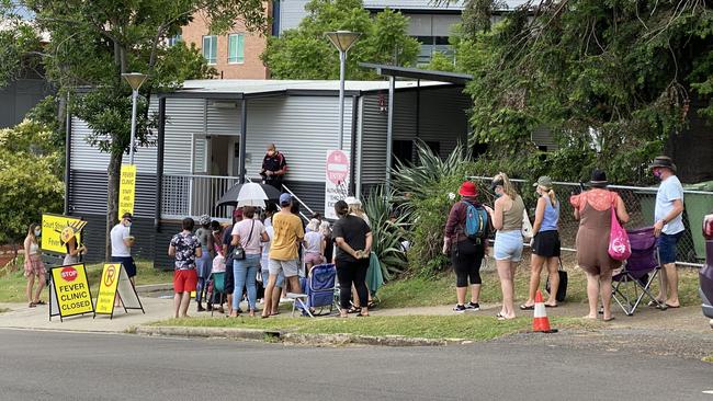 People at the front of Ipswich Hospital Fever Clinic's testing line at 11.40am Wednesday had been waiting for nearly six hours. Picture: Jessica Baker