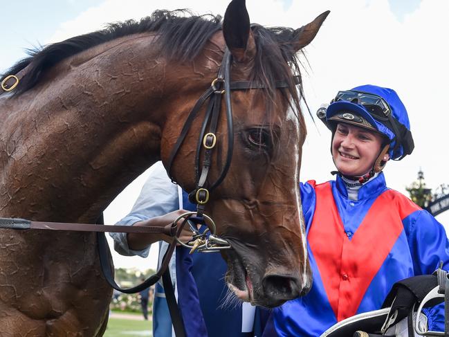 Jamie Kah with Zaaki (GB)  after winning  the The Seppelt Wines All-Star Mile at Flemington Racecourse on March 19, 2022 in Flemington, Australia. (Brett Holburt/Racing Photos via Getty Images)