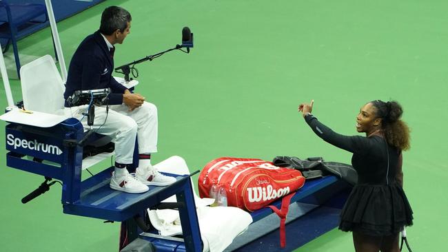 Serena Williams argues with chair umpire Carlos Ramos during the women’s final. Picture: AFP