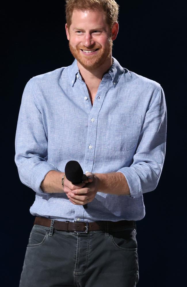 Prince Harry received a standing ovation as he appeared without wife Meghan at Vax Live: The Concert To Reunite The World at SoFi Stadium in Los Angeles. Picture: Kevin Winter/Getty Images for Global Citizen