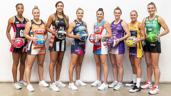 Members of each Super Netball team at the season launch in Melbourne yesterday: From left: Layla Guscoth, Kim Green, Geva Mentor, Kate Moloney, Maddy Proud, Gabi Simpson, Laura Langman and Courtney Bruce. Picture: AAP 