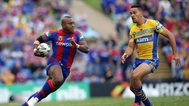 Akula Uate sets sail for the try line. Newcastle Knights tackle Parramatta Eels at Hunter Stadium. Picture by Peter Lorimer.