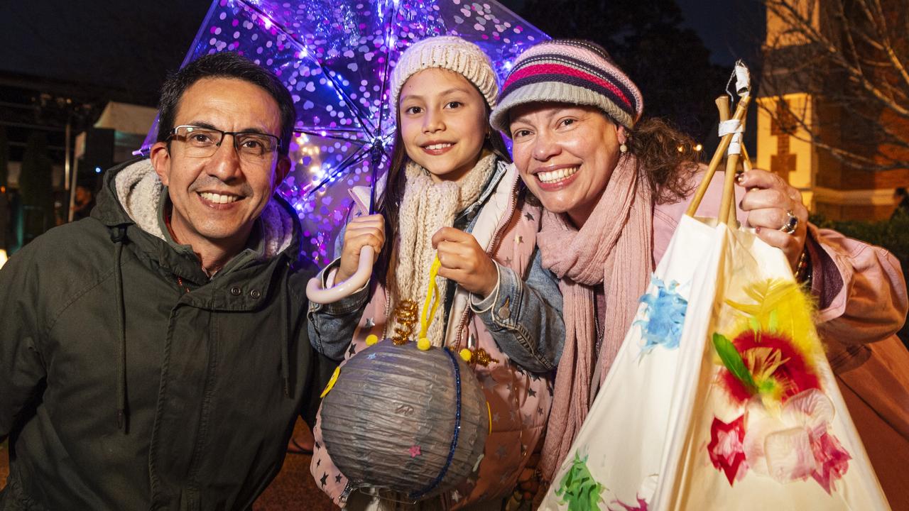 Andres Corso and Yira Cortes with their daughter Zury Corso-Cortes with their lanterns for the parade at Luminous in the Regions hosted by Multicultural Australia at The Empire precinct, Saturday, August 10, 2024. Picture: Kevin Farmer