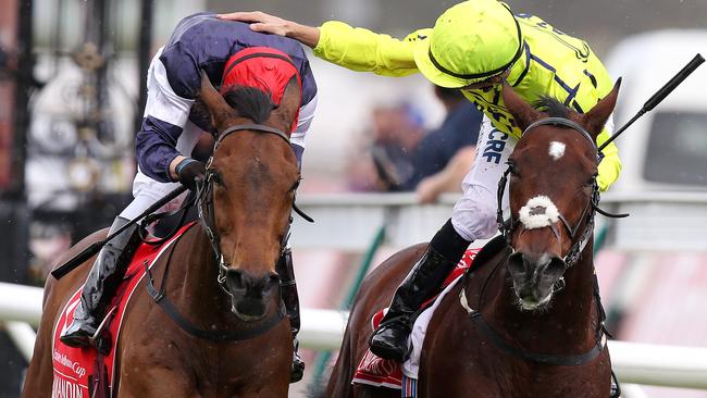 Heartbreak City jockey Joao Moreira reaches out to congratulate Melbourne Cup-winning jockey Kerrin McEvoy on Almandin, as the pair cross the line. Picture: Michael Klein