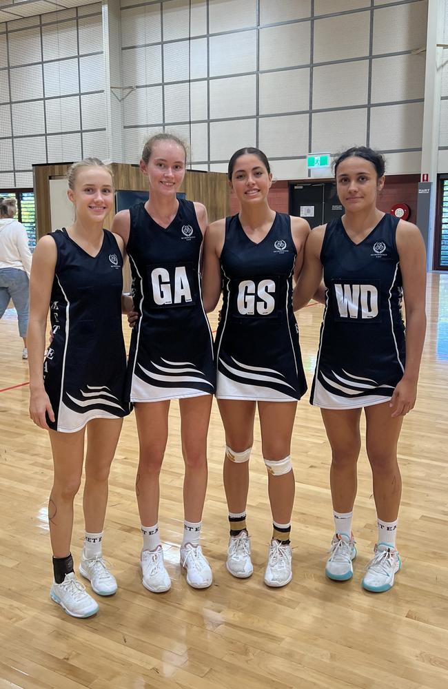 Queensland School Sport Netball 2023. L-R: Sarah Joyce, Amber Yeates, Kydan Tuapou, Losehina (Rose) Mulligan.