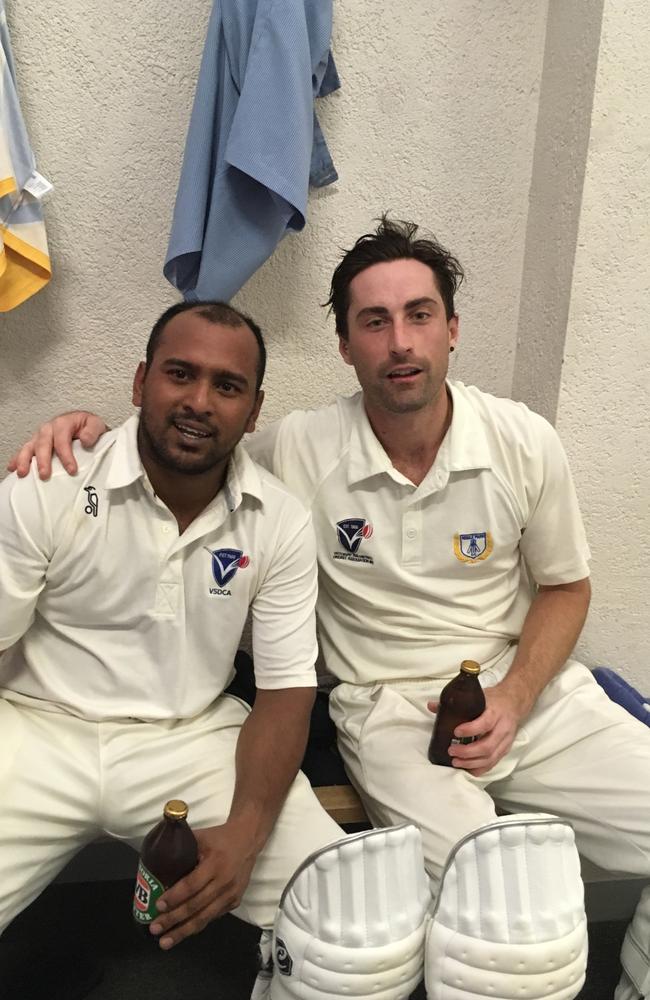 Issy Perera and Robbie Johnston after their unbroken stand of 215 against Altona in 2017.