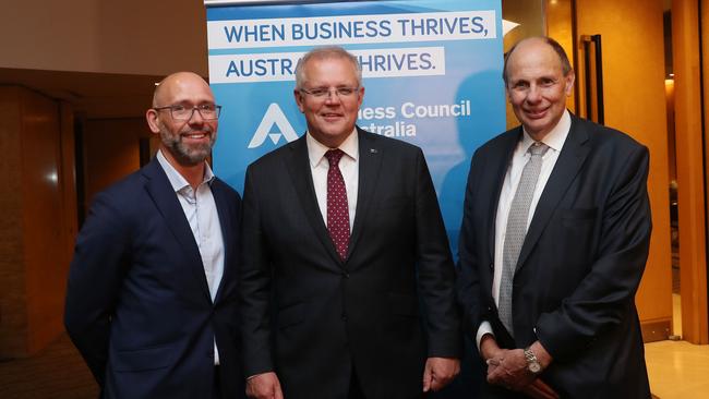 Tim Reed, PM Scott Morrison and Grant King arrive at the Business Council of Australia Annual Dinner in Sydney. Picture: John Feder