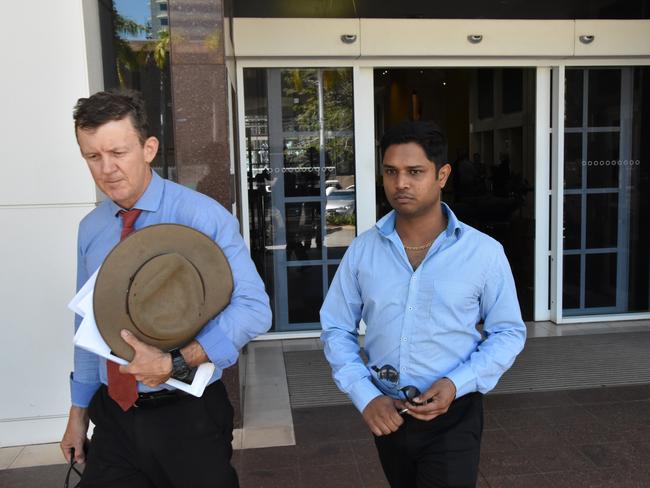 Keerthi Raja Eswaran, 34, leaves the NT Supreme Court with lawyer Peter Maley after pleading guilty to his latest batch of wildlife offending. Picture: Craig Dunlop