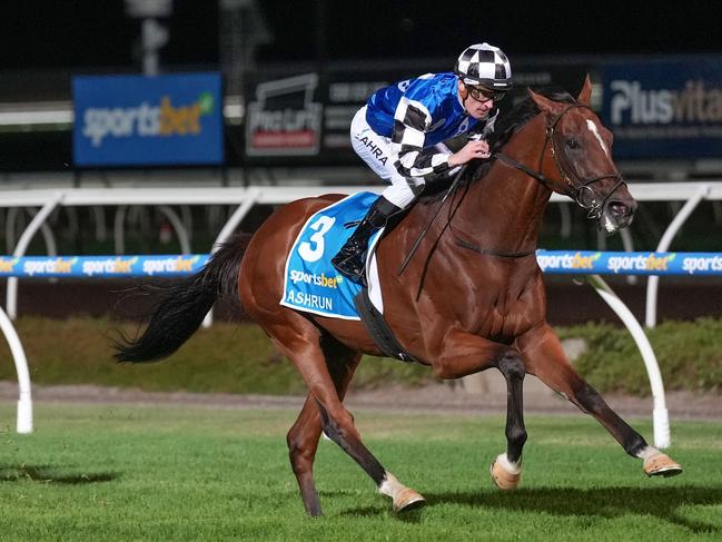 Ashrun (FR) ridden by Mark Zahra wins the Sportsbet Pakenham Cup at Sportsbet Pakenham on March 15, 2024 in Pakenham, Australia. (Photo by Scott Barbour/Racing Photos via Getty Images)