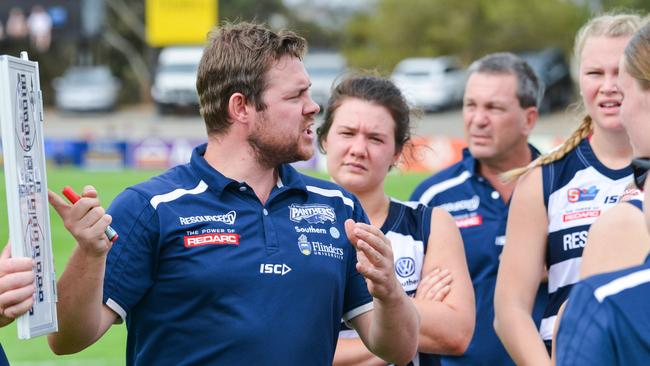 South Adelaide Rick Watts addresses his players. Picture: AAP/Brenton Edwards