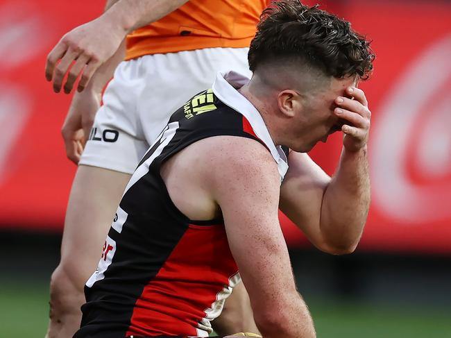 MELBOURNE, AUSTRALIA - September 9 , 2023. AFL . 2nd Elimination Final.    Jack Higgins of the Saints 4th qtr  during the elimination final between St Kilda and Greater Western Sydney at the MCG in Melbourne, Australia.  Photo by Michael Klein.