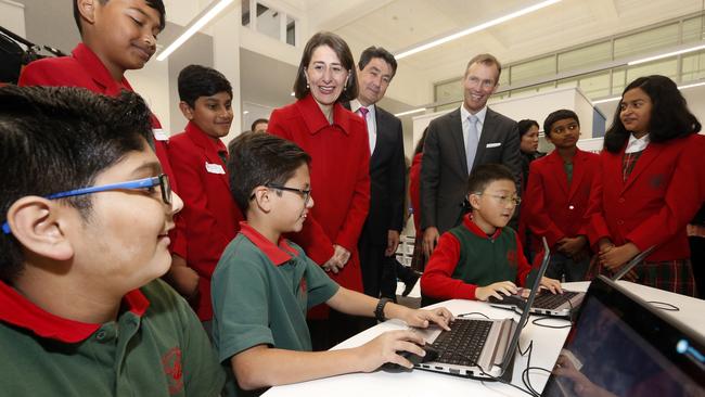 Premier Gladys Berejiklian and Education Minister Rob Stokes at an Education Week function at Parramatta Public School. Picture: David Swift