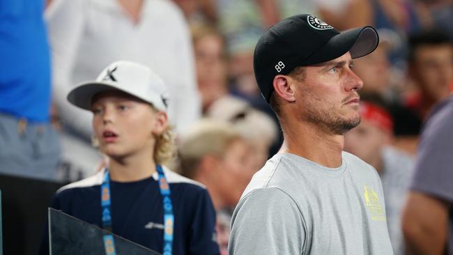 Lleyton Hewitt watches on during Alex de Minaur’s third round defeat to Rafael Nadal. Picture: Michael Klein