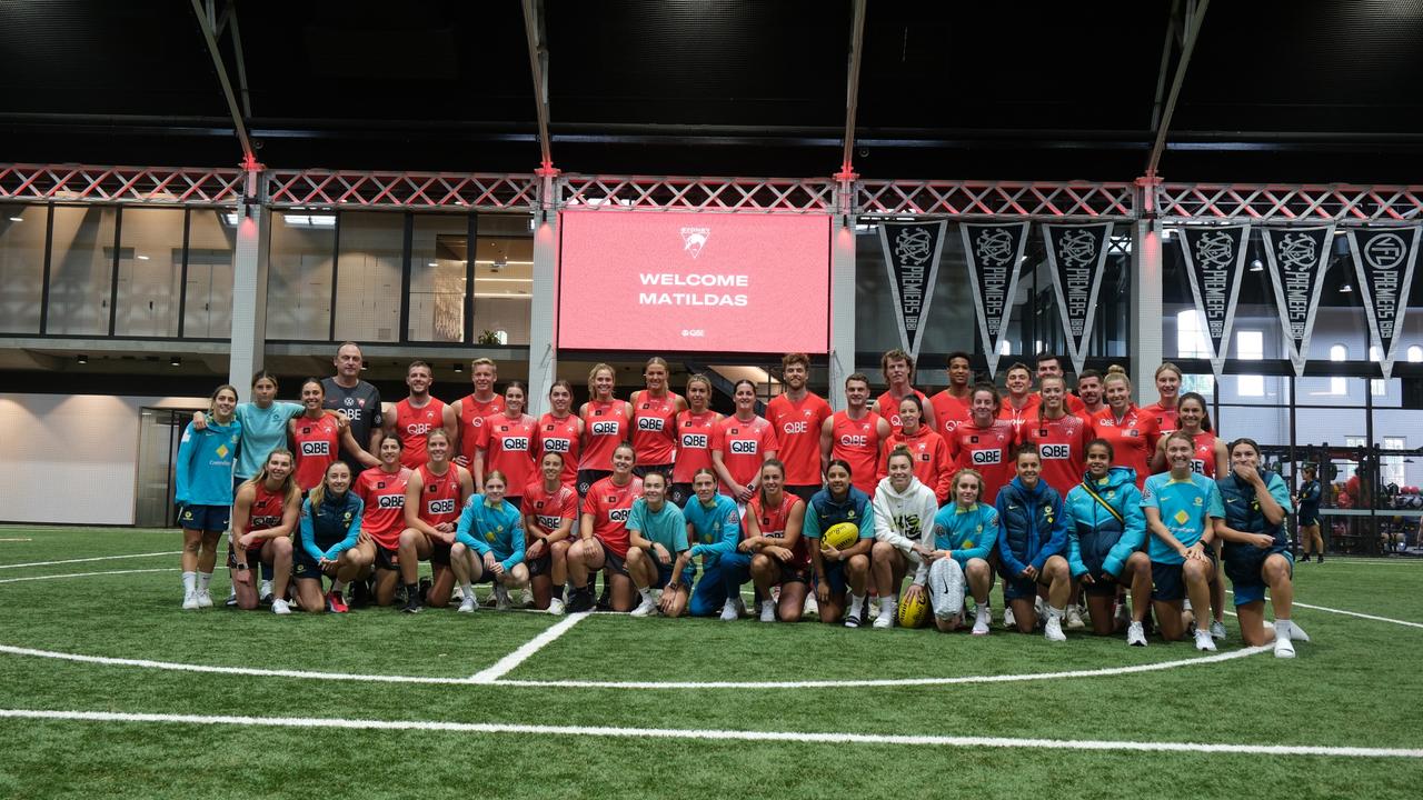 The Sydney Swans came out in force to welcome the Matildas to their HQ. Picture: Sydney Swans