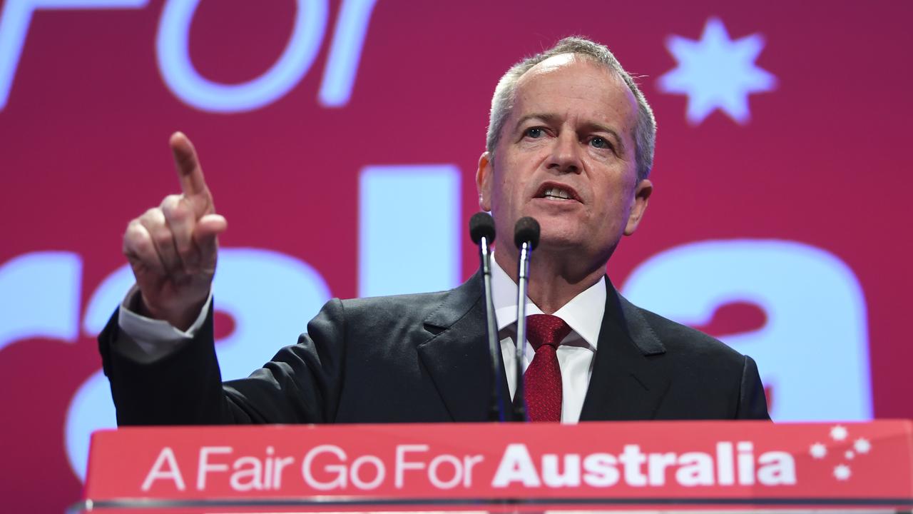 Australian Opposition leader Bill Shorten delivers his speech during day one of the Labor Party National Conference in Adelaide. Picture: AAP/Lukas Coch