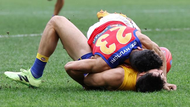 Charlie Cameron tackled Liam Duggan to the ground in Brisbane’s game against West Coast. Photo: Will Russell/AFL Photos via Getty Images.