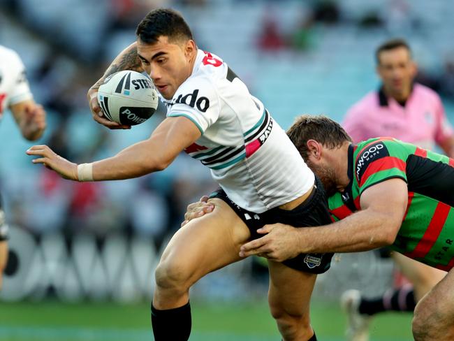 The former NRL player was able to slip one officer’s tackle leaving the Coogee Pavilion but was brought to ground by others after a short chase. Picture: Gregg Porteous