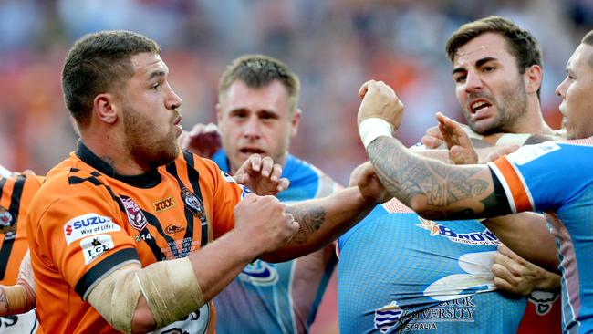 Former Easts and current Melbourne Storm forward Kenny Bromwich in a biff against the Northern Pride in 2014. Picture: Mark Cranitch.