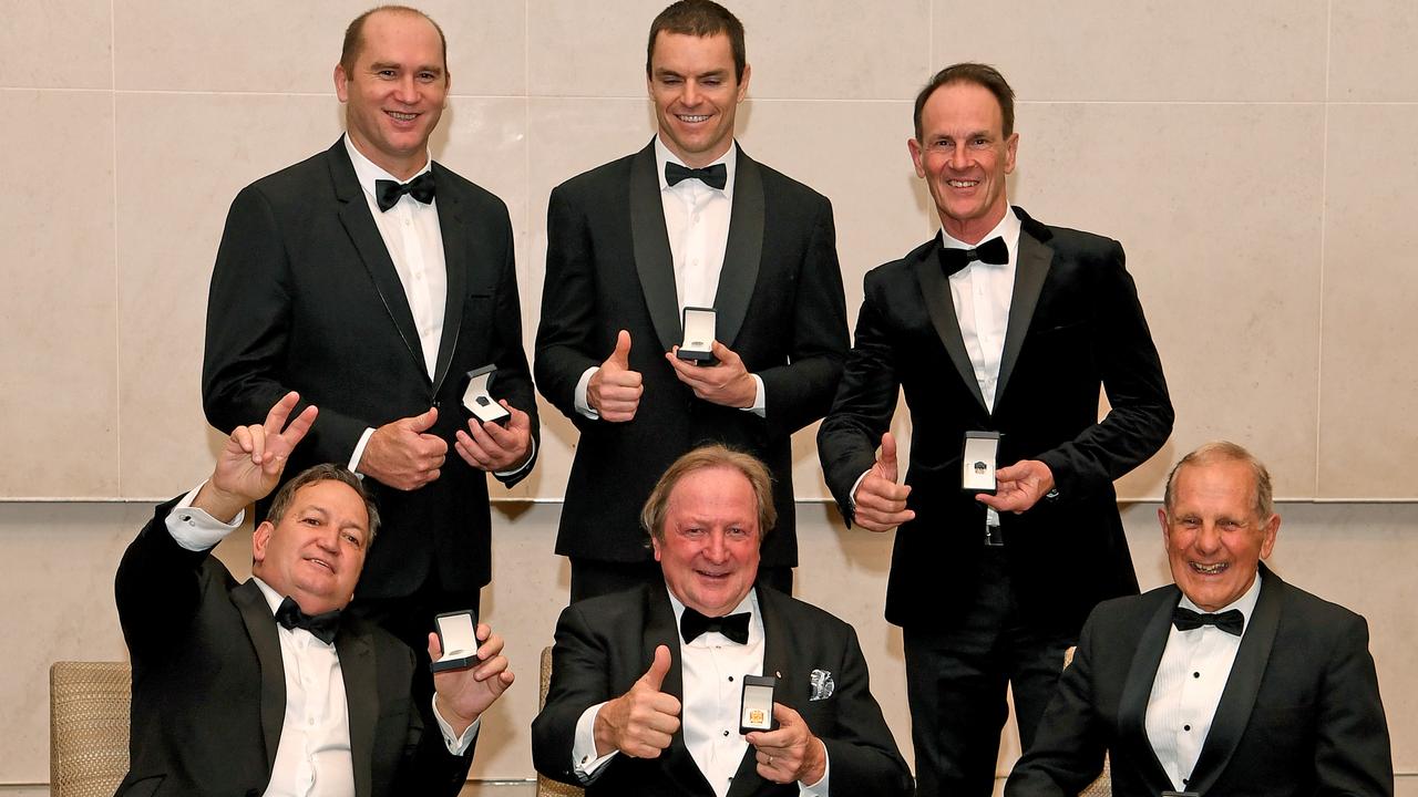 2018 Australian Football Hall of Fame Inductees (back left) David Neitz, Matthew Scarlett, Terry Wallace, (front left) Wayne Johnston, Legend Kevin Sheedy, and Mel Whinnen. Dinner Picture: AAP Image/Joe Castro