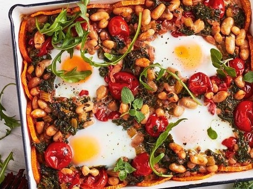 Sweet potato, bean and kale shakshuka.