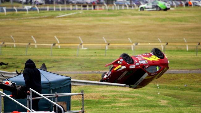 John Iafolla of Sieders Racing crashed into a recovery vehicle. Picture: Ross Gibb