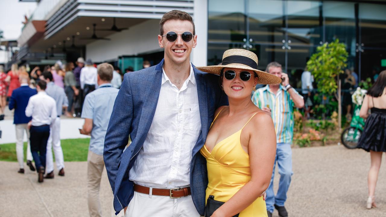 Luke Baker and Amy Dudley as punters enjoy the 2020 Great Northern Darwin Cup. Picture: GLENN CAMPBELL