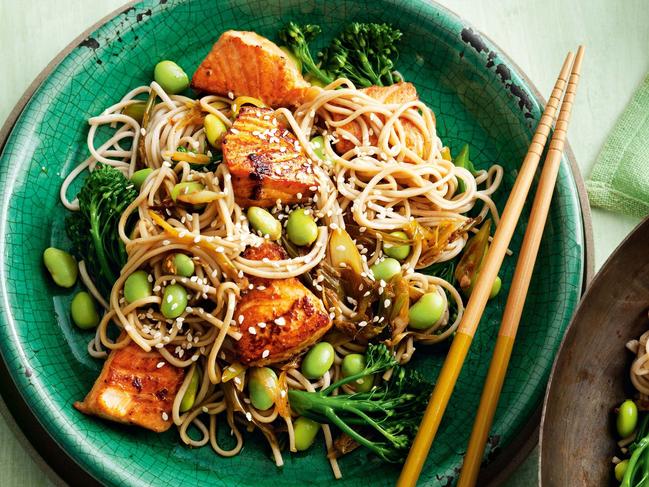 Salmon, ginger and soba noodle stir-fry.