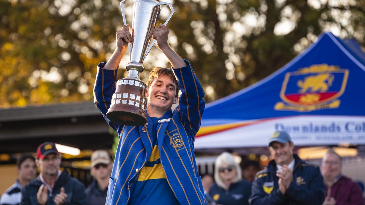 TGS First XV captain Charlie Horn celebrates defeating Downlands to claim the O'Callaghan Cup on Grammar Downlands Day at Downlands College. Picture: Kevin Farmer