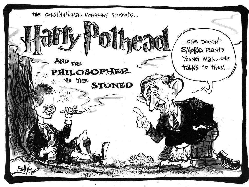 Prince Harry has been a long-time smoker of marijuana, seen here in a 2002 cartoon being told off by Prince Charles. Picture: Supplied