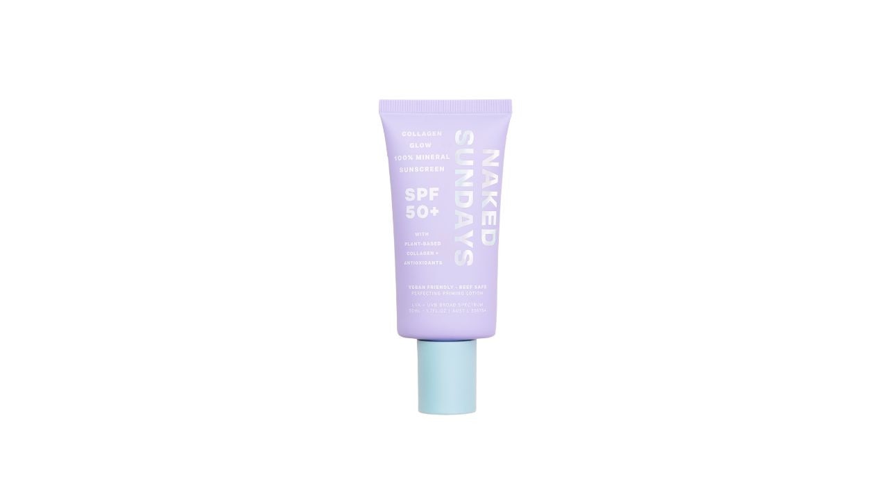 Naked Sundays SPF50+ Collagen Glow 100% Mineral Perfecting Priming Lotion. Picture: Naked Sundays.