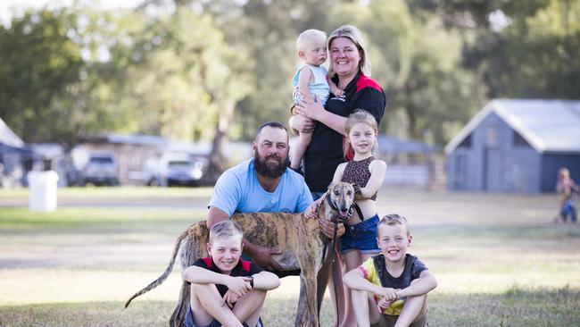 Dave and Danielle Pringle with race dog Ringo's Magic and their children Bailey, 13, Bonnie, 7, Harry, 10, and Ned, 14 months. Picture: Dylan Robinson