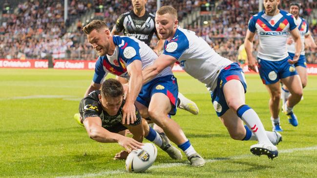 New Zealand’s Joseph Manu scores a try against Great Britain in Christchurch last November. Picture: Getty Images