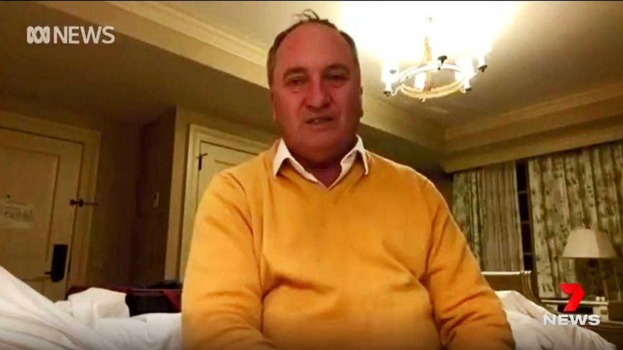 Deputy Prime Minister Barnaby Joyce, pictured in his Washington DC hotel room last week, has tested positive for Covid-19 and is awaiting confirmation as to whether he has the Omicron strain. Picture: 7 NEWS