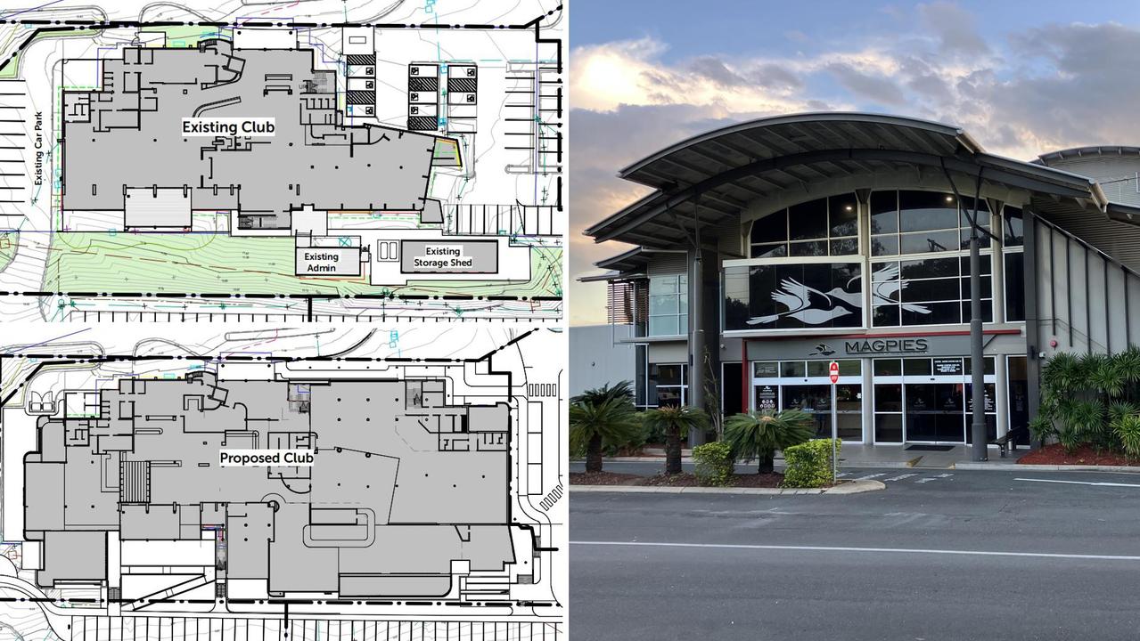 Magpies Sporting Club has lodged plans to Mackay Regional Council to almost double the club. Top left: the existing club’s footprint. Bottom left: the proposed expansion’s footprint. Right: Magpies Sporting Club as it currently looks. Pictures: Contributed